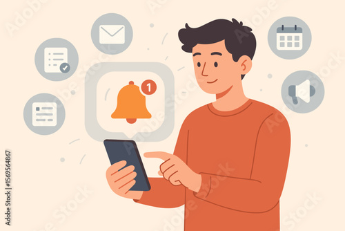 Man gets alert notification on smartphone. Push notifications concept with bell icon, new message, calendar, and task list. Important reminder and announcement on mobile app. Vector.