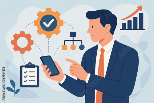 Businessman managing workflow automation and business process optimization with a mobile phone. Concept of project management, task control, data analysis, and company growth.