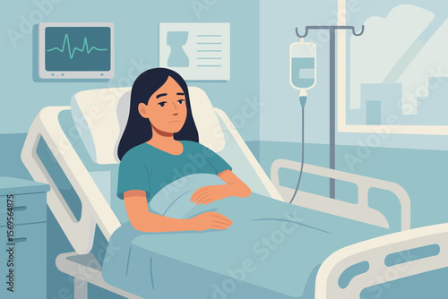 Sad Asian woman patient lying in a hospital bed with an IV drip. Concept for sickness, medical treatment, healthcare, and hospitalization. Modern flat vector cartoon illustration.