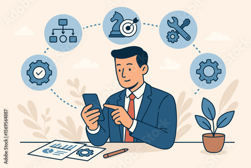 Business process management and workflow automation concept. Businessman using smartphone app for project management, strategy, quality control, settings, and organization. Flat vector.