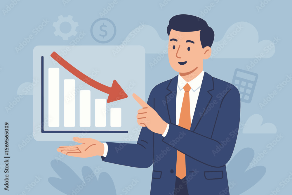 Cost reduction business finance concept. Budget management and cost cutting strategy. Businessman shows a graph with a down arrow for financial crisis, recession, or savings vector. Cost reduction business finance concept. Budget management and cost cutting strategy. Businessman shows a graph with a down arrow for financial crisis, recession, or savings vector.