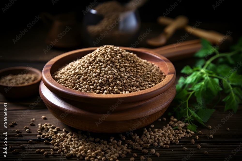 Perilla seeds spilling from wooden bowl onto rustic table, showcasing abundance and natural appeal Perilla seeds spilling from wooden bowl onto rustic table, showcasing abundance and natural appeal
