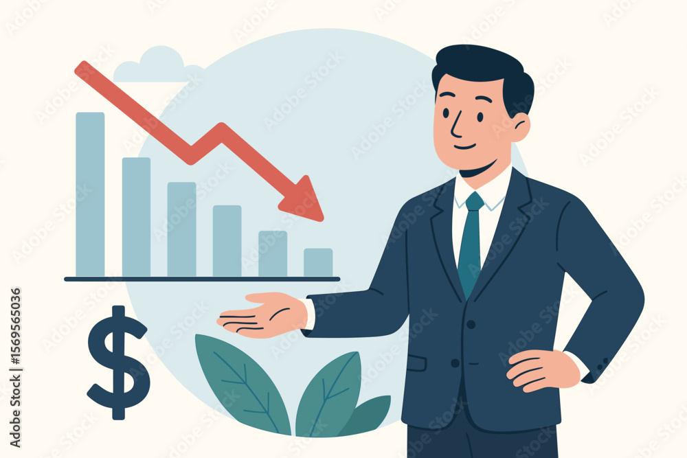 Financial management concept with a businessman presenting cost reduction. Budget optimization and expense cutting strategy shown on a chart with a red down arrow. Corporate savings. Financial management concept with a businessman presenting cost reduction. Budget optimization and expense cutting strategy shown on a chart with a red down arrow. Corporate savings.