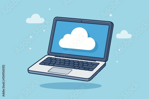 Cloud computing technology concept. Laptop computer with cloud symbol on screen for online data storage. Server connection, database access, and network services. Flat vector cartoon illustration.