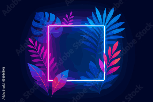 Neon glowing square frame with vibrant tropical leaves. Exotic jungle plant border on dark background. Futuristic nature concept with fluorescent light. Modern vector illustration.