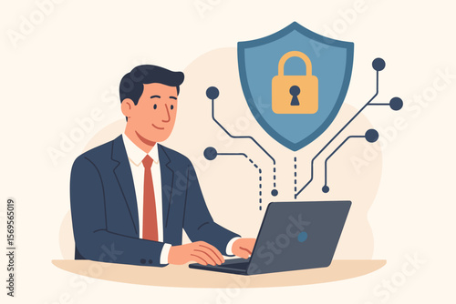 Cybersecurity concept with businessman using laptop. Secure internet connection with shield and padlock icon. Data protection, online privacy, network firewall, and antivirus technology.