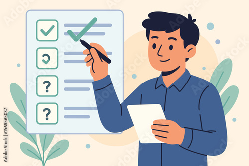 Checklist concept of quiz question answering and online survey form completion. Man with pen checking checkbox on a virtual screen. Corporate task management and business organization. Vector.
