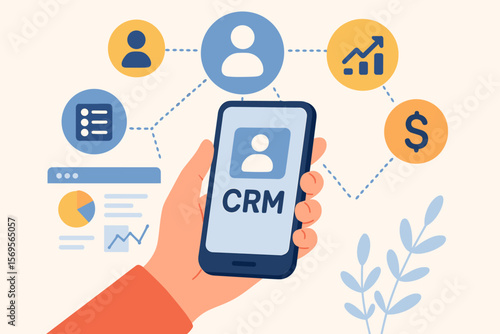 Customer Relationship Management CRM Software Concept for Sales Control and Monitoring, Client Database Management, Mobile CRM App Interface with Analytics and Financial Growth Icons