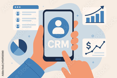 Customer Relationship Management concept. Hand holding smartphone with CRM app for sales, marketing automation, and client database analysis. Business analytics dashboard with charts. Vector.