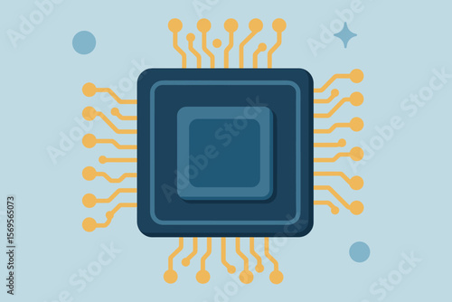 CPU processor chip vector illustration. Flat design concept of technology, computer hardware, and electronics. Digital circuit mainboard, microprocessor symbol for AI and data innovation.