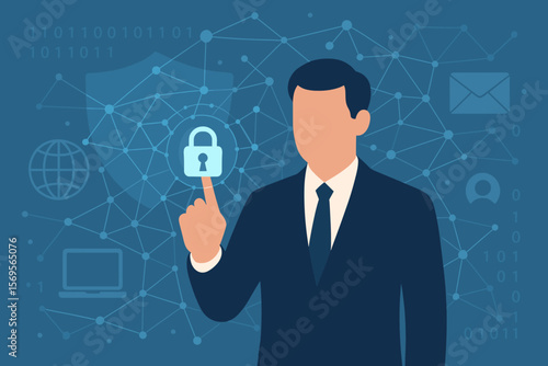 Cyber security and data protection. Businessman protecting personal data. Man touching padlock icon on digital interface. Internet network security system. Privacy concept. Cyber crime.