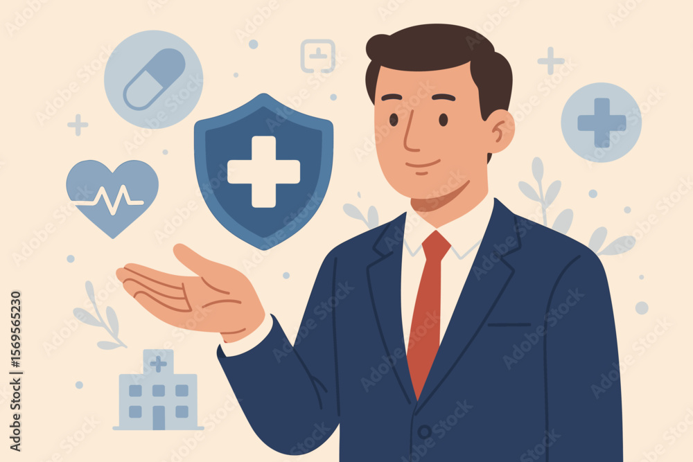 Health insurance concept with a businessman agent offering medical care protection. Healthcare access, life and family security, medical welfare and treatment flat vector cartoon. Health insurance concept with a businessman agent offering medical care protection. Healthcare access, life and family security, medical welfare and treatment flat vector cartoon.