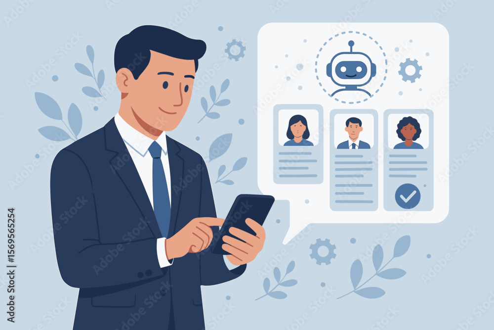 Human resource management with AI concept. HR automation technology. AI agent scans CV resumes database for employees. Businessman recruiter using smartphone for hiring process. Human resource management with AI concept. HR automation technology. AI agent scans CV resumes database for employees. Businessman recruiter using smartphone for hiring process.