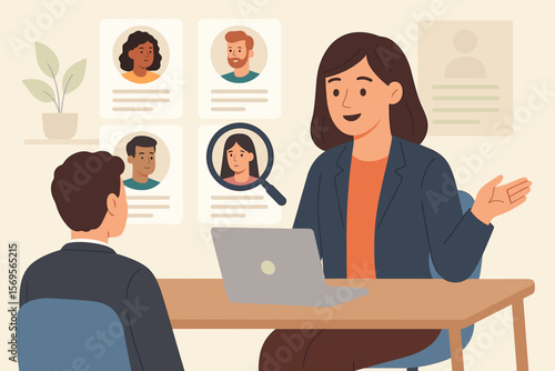 Hiring and recruitment concept. HR manager conducts a job interview. Recruiter selects a candidate using a laptop. Human resources, career, and employment vector illustration.
