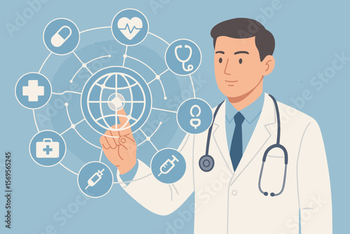 Healthcare and medical concept. Doctor touching a global network connection with healthcare icons on a modern virtual screen. Medicine, medical technology, and innovation. Telemedicine.