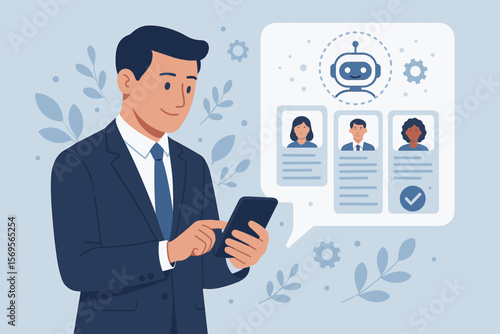 Human resource management with AI concept. HR automation technology. AI agent scans CV resumes database for employees. Businessman recruiter using smartphone for hiring process.
