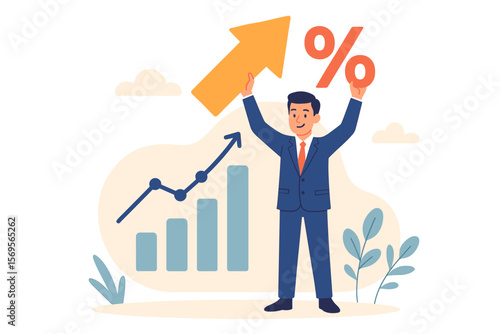 Businessman holds arrow and percentage sign with graph. Concept of financial growth, interest rate, dividend increase, investment success, profit, and business development.