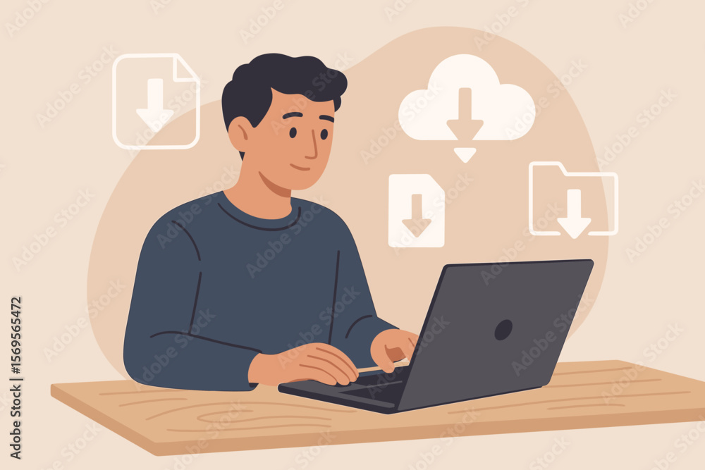 Concept of cloud computing and data storage. Man using laptop to download files and documents. Digital information transfer, server backup, and file sharing technology. Vector. Concept of cloud computing and data storage. Man using laptop to download files and documents. Digital information transfer, server backup, and file sharing technology. Vector.