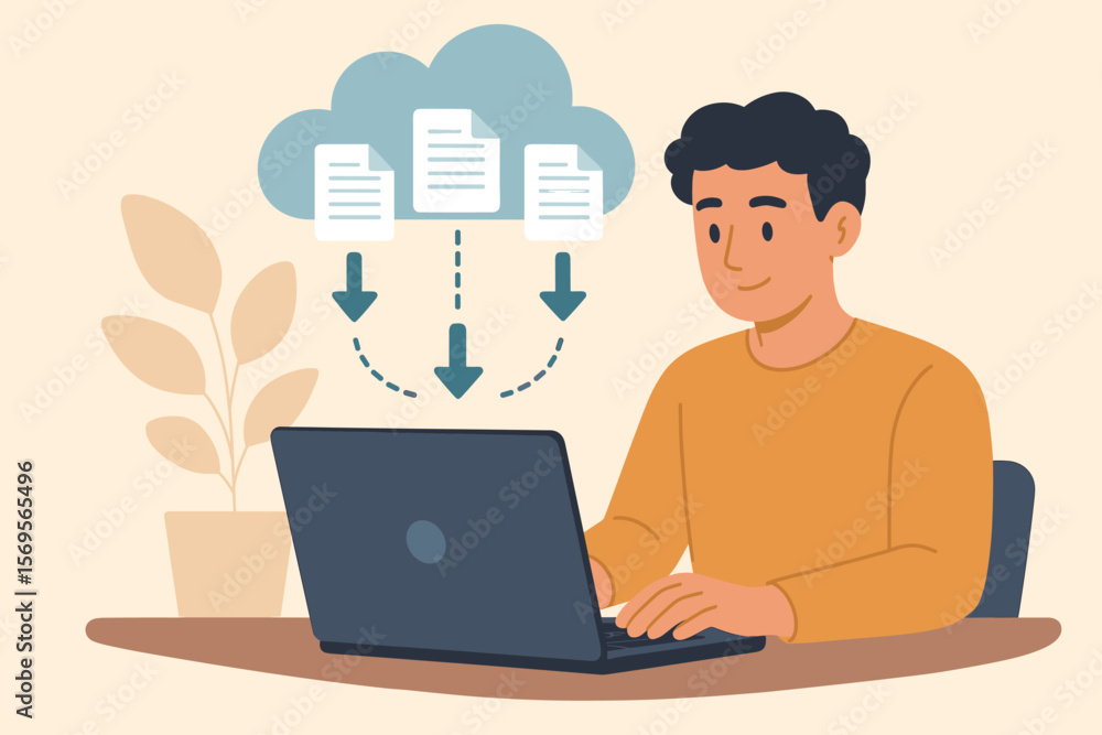 Cloud computing technology concept. Man at laptop downloading files and documents from online storage. Data transfer, file sharing, backup, and information management vector. Cloud computing technology concept. Man at laptop downloading files and documents from online storage. Data transfer, file sharing, backup, and information management vector.