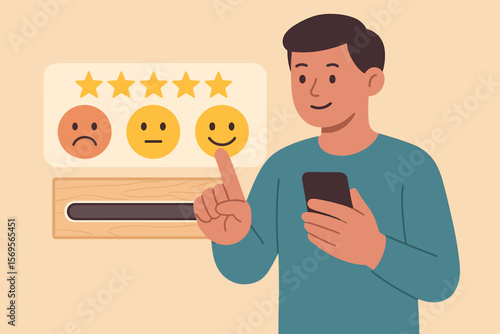 Man giving a positive five-star rating on a smartphone. Customer satisfaction survey concept. Client leaving feedback for excellent service. User experience online review for business.