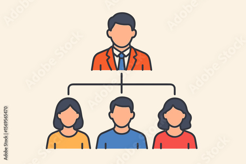 Organizational structure and corporate hierarchy concept. Business management flowchart with a leader and employees team. Company personnel structure and workflow vector illustration.