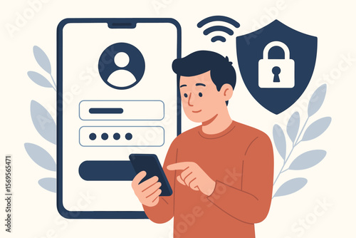 Cybersecurity concept. Secure login and password authentication. Man with smartphone for data protection and internet privacy. User account access and network security shield. Vector.
