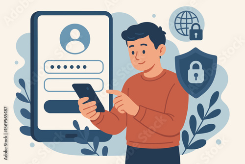Man using smartphone for secure login with password. Concept of online security, data protection, internet safety, and two-factor authentication. Flat vector cartoon illustration.