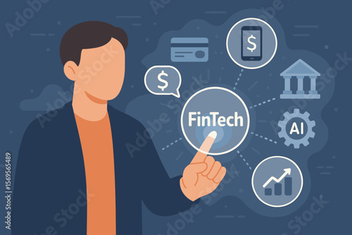 Fintech financial technology concept. Man touches virtual screen for digital finance innovation. Investment growth, AI, mobile banking, online payment, business solution cartoon.