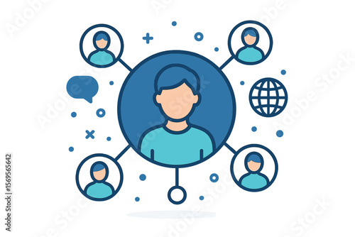 Social Network User Community Flat Vector. Global connection, teamwork, business, internet, communication, people, share, technology. Teamwork and business network concept, partnership.