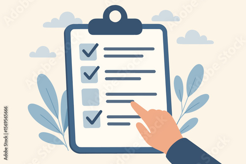 Survey form concept with hand pointing to checklist. Online questionnaire with checkboxes for customer feedback or test answers. Business research and satisfaction poll vector.