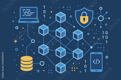 Blockchain technology vector illustration. Concept of decentralized network, digital data security, and cryptocurrency. Futuristic fintech and secure financial technology connection.