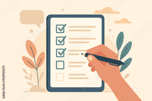 Survey form concept with hand filling out a checklist on a clipboard. Online questionnaire with checkboxes for customer feedback or test. Modern flat vector cartoon illustration.