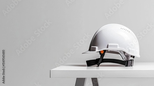 White hard hat resting on a white table. the hard hat has a black strap attached to it with an orange buckle. the strap appears to be adjustable and can be adjusted to fit the wearer's head.