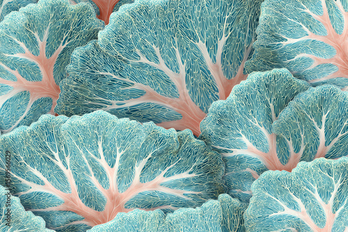 Intricate blue coral-like structures with delicate branching patterns create a stunning underwater scene