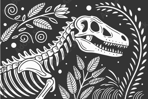 Dinosaur fossil skeleton vector in decorative folk floral black white style