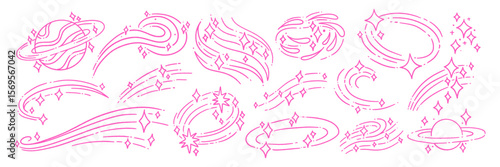 Hand Drawn Doodle set of planets, comets, and sparkles in kawaii space style on white background