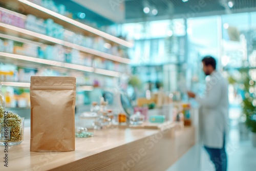 Natural Herbal Products Displayed on a Wooden Counter in a Modern Pharmacy with a Pharmacist Assisting Customers in the Background