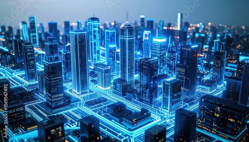 Futuristic Cityscape At Night With Glowing Lines