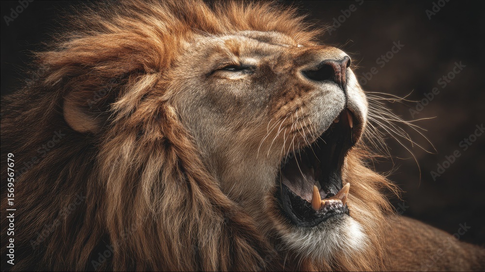 Naklejka premium close-up of lion roaring with mane blowing, color tones: golden tawny, dark brown, and savannah tan