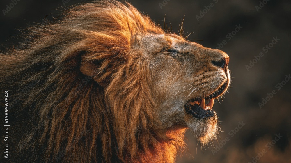 Naklejka premium close-up of lion roaring with mane blowing, color tones: golden tawny, dark brown, and savannah tan