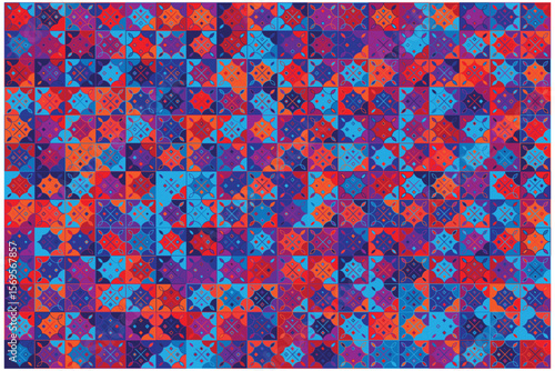 A vibrant vector tile design with multiple colors enhances interior walls or floors, providing a joyful atmosphere and a bold visual focal point.

