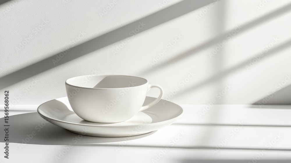 Simple white teacup and saucer on a white surface with dramatic shadows. Simple white teacup and saucer on a white surface with dramatic shadows.