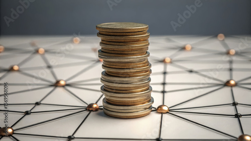 Stack of coins sits on network grid symbolizing digital wallet concept. interconnected nodes represent financial technology
