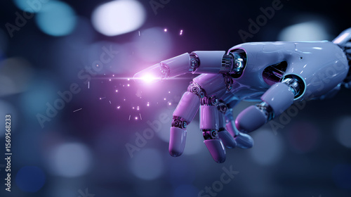 Close-up of a humanoid robot finger gently touching a glowing digital interface