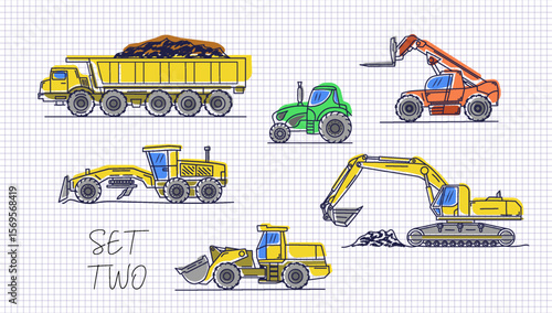 Vector colored doodles. Set of various hand drawn heavy construction vehicles. Quarry dump truck, crane forklift, agricultural tractor, grader, bucket loader and excavator. Simple transport. Part 2