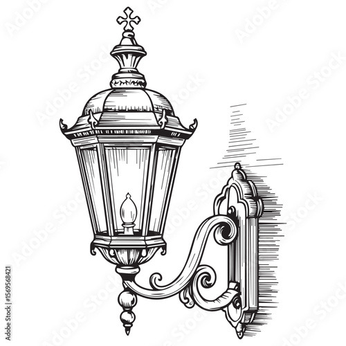 Ornate black and white drawing of a vintage wall mounted lamp with a decorative cross finial