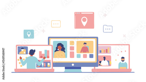 Illustration of online meeting with people on screens and location icons floating around them