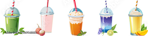 An assorted variety of vibrant, refreshing smoothies ready for the summer. Each glass is filled with different flavors and garnished with fresh ingredients, a true treat