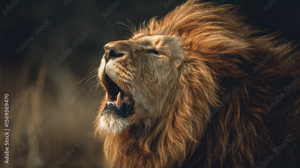Fototapeta premium close-up of lion roaring with mane blowing, color tones: golden tawny, dark brown, and savannah tan