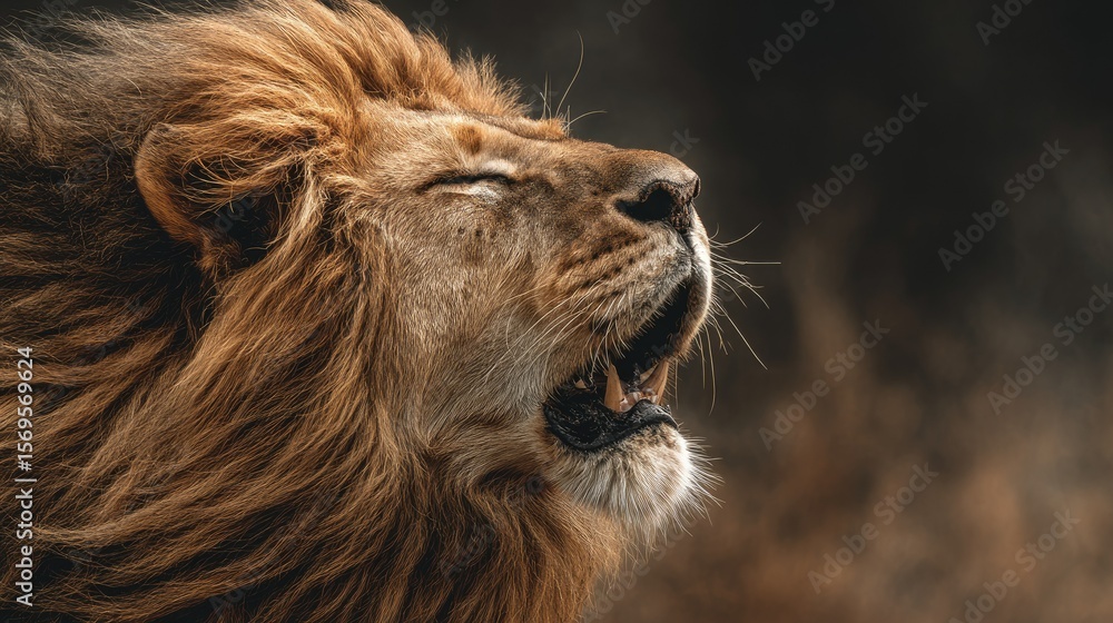 Naklejka premium close-up of lion roaring with mane blowing, color tones: golden tawny, dark brown, and savannah tan